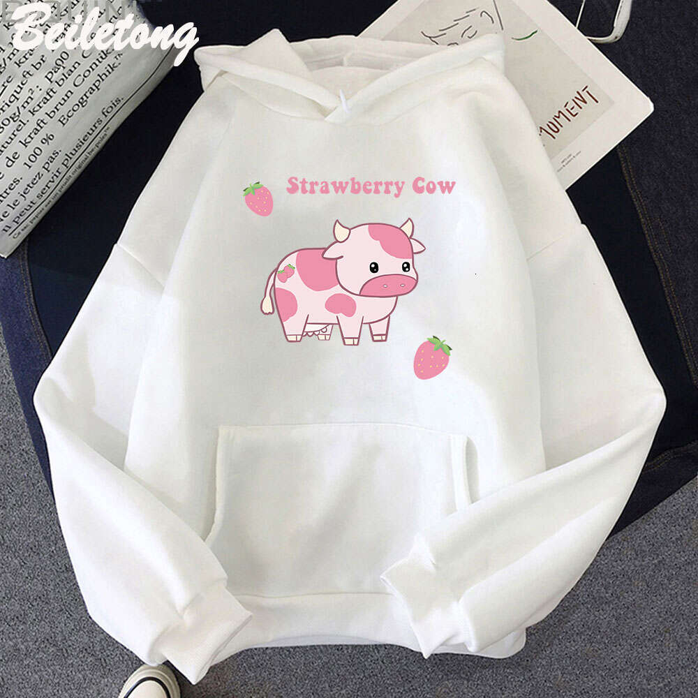 And Cow Strawberry Kawaii Women Hoodies Casual Pullover Plus Size Sweatshirt Autumn Winter Warm Girl Streetwear Clothes Tops