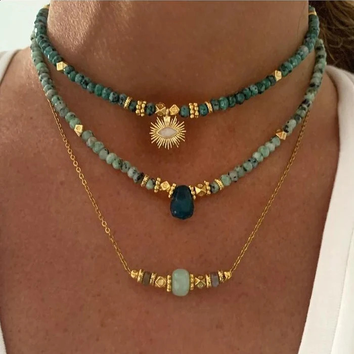 bohemian Green Gravel Natural Semi Stone Necklace Womens Fashion Jewelry collares pendant 240813