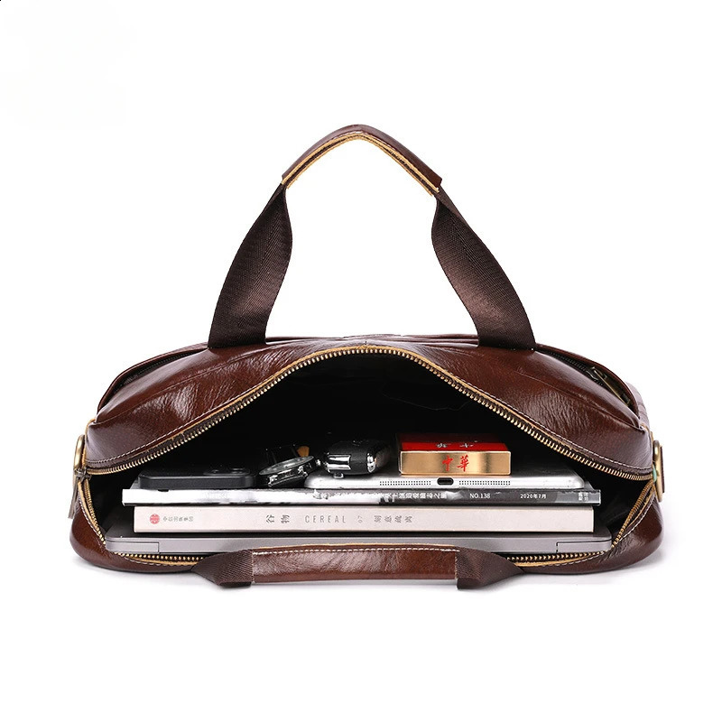 Retro Mens Briefcases Large Capacity Soft Genuine Cowhide Leather Business Casual Laptop Crossbody Messenger Bag 240813