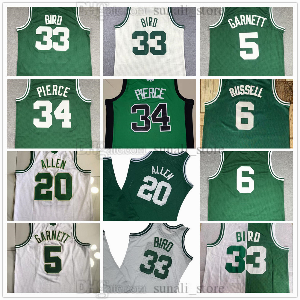 Retro Mesh Larry 33 Bird Jerseys Basketball Kevin 5 Garnett Paul 34 Pierce Bill 6 Russell Sports Shirts Stitched Embroidery Men's S-3XL