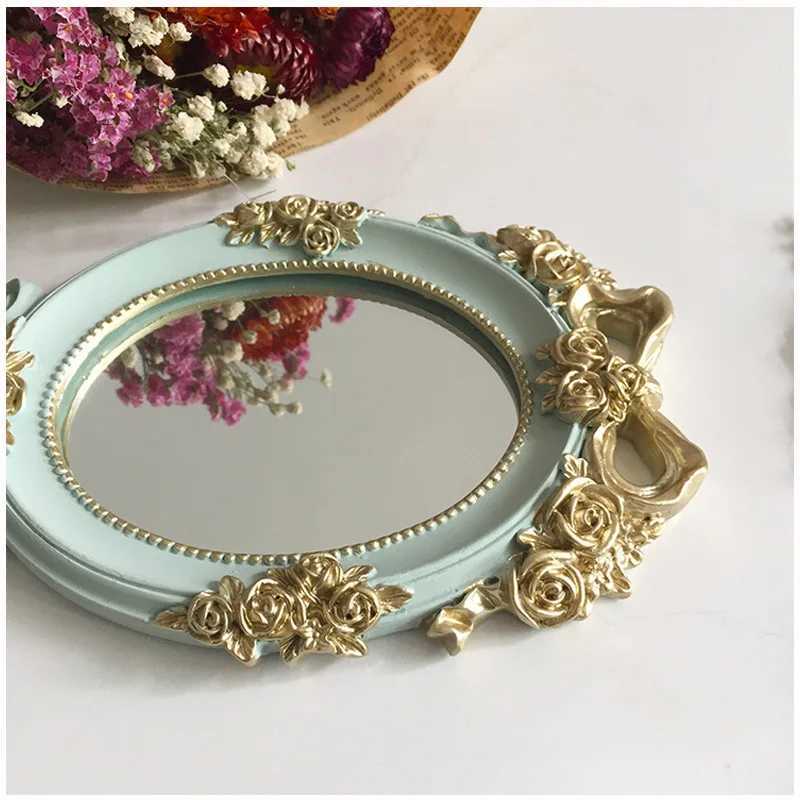 European Palace style retro handheld rose mirror princess girl oval makeup and makeup tool with anti slip handle W240813