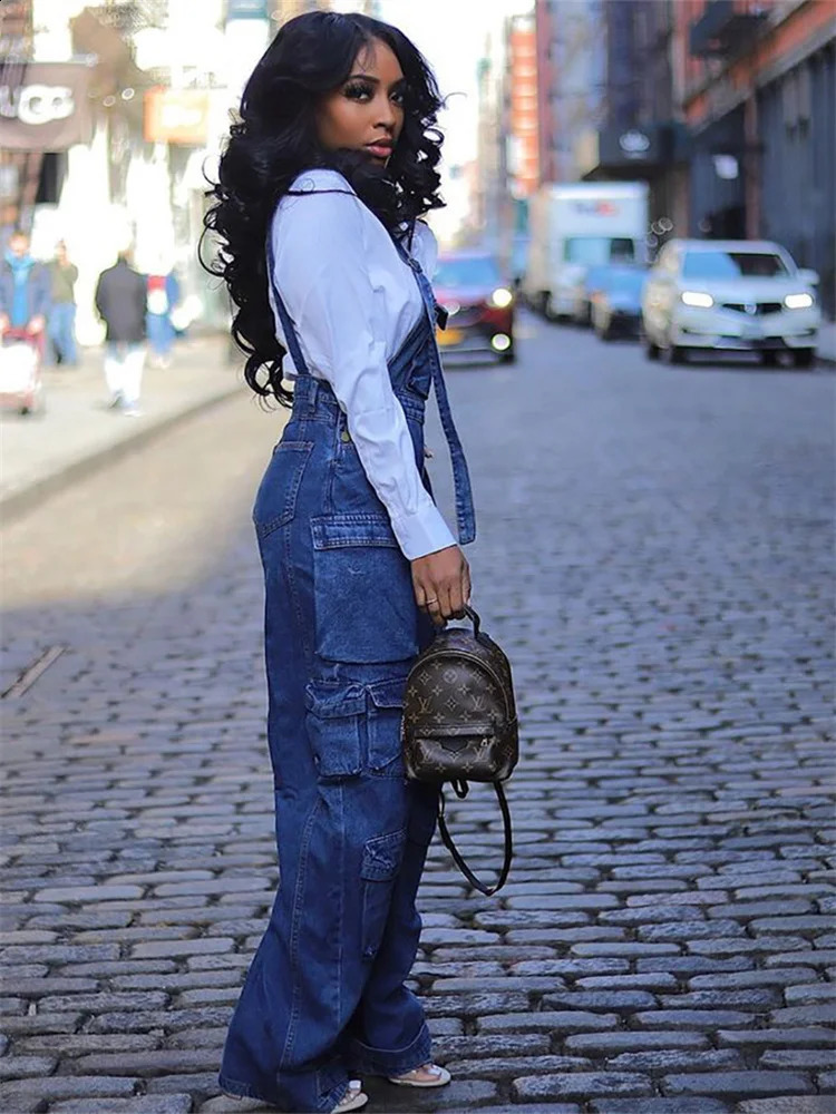 Wmstar Women Jumpsuit Fashion Rompers Streetwear Sleeveless Denim Vintage Loose Jeans Overalls Pockets Wide Leg Female Pants 240813