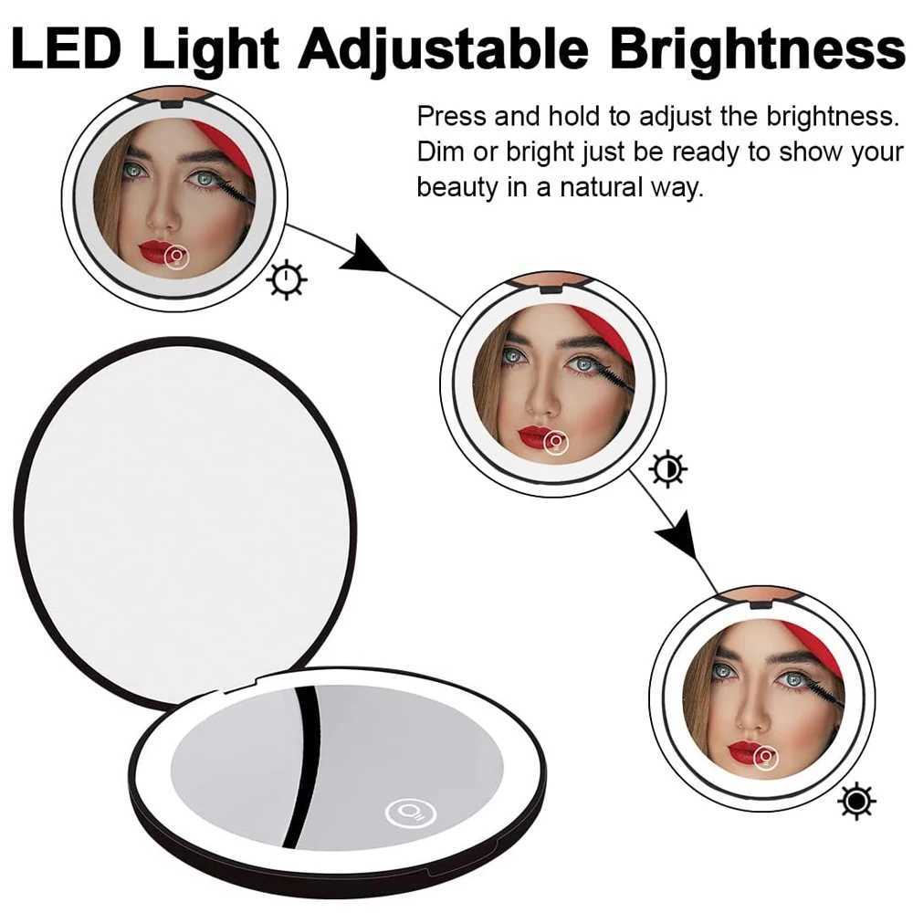 Mini portable folding travel mirror LED light makeup mirror Compact mirror 10X magnifying glass Double sided beauty makeup round mirror W240813