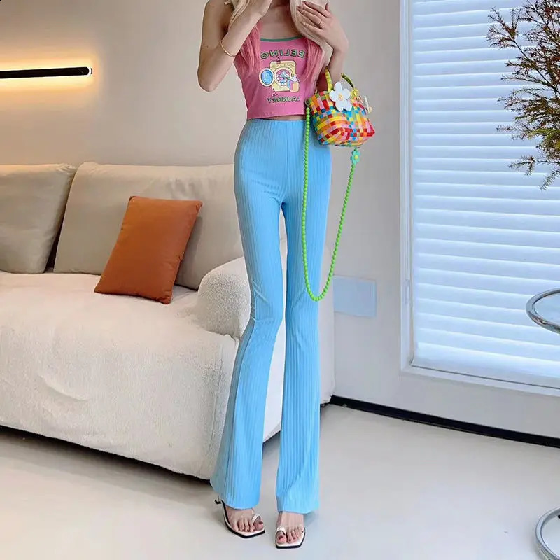 Summer Womens 2024 Patchwork High-waisted Screw Thread Fashion Solid Color Minimalist Comfortable Slim Casual Flare Pants 240813