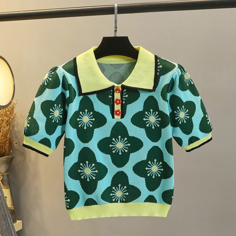 Summer Vintage Contrast Flower Jacquard Puff Sleeve Knitted Sweater Women Chic Button Thin Pullover Crop Top Pull Femme 240813