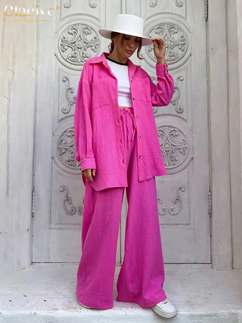 Clacive Casual Loose Pink Two Piece Pants Set Women Fashion Long Sleeve Blouses Matching Wide Trousers Suit Lace-Up Pant Sets 240813