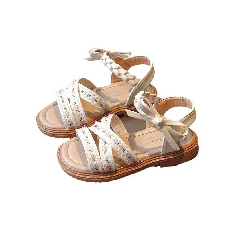 Sneakers Soft leather girls ethnic style sandals childrens open toed Roman shoes 2024 summer new womens baby shoes princess shoes H240805