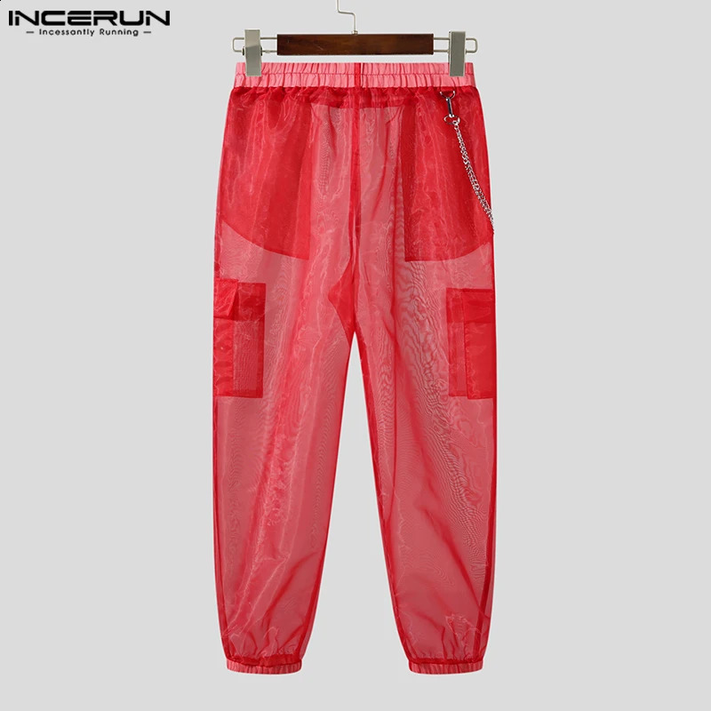 Stylish Casual Style Trousers INCERUN Mens Party Shows Long Pants Sexy Solid See-through Thin Mesh Pantalons S-5XL 240814