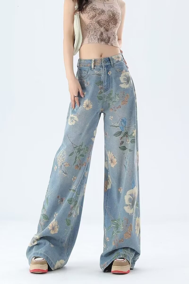 American printed wide women's designer jeans, 2024 summer new high waisted slim fit loose straight leg pants