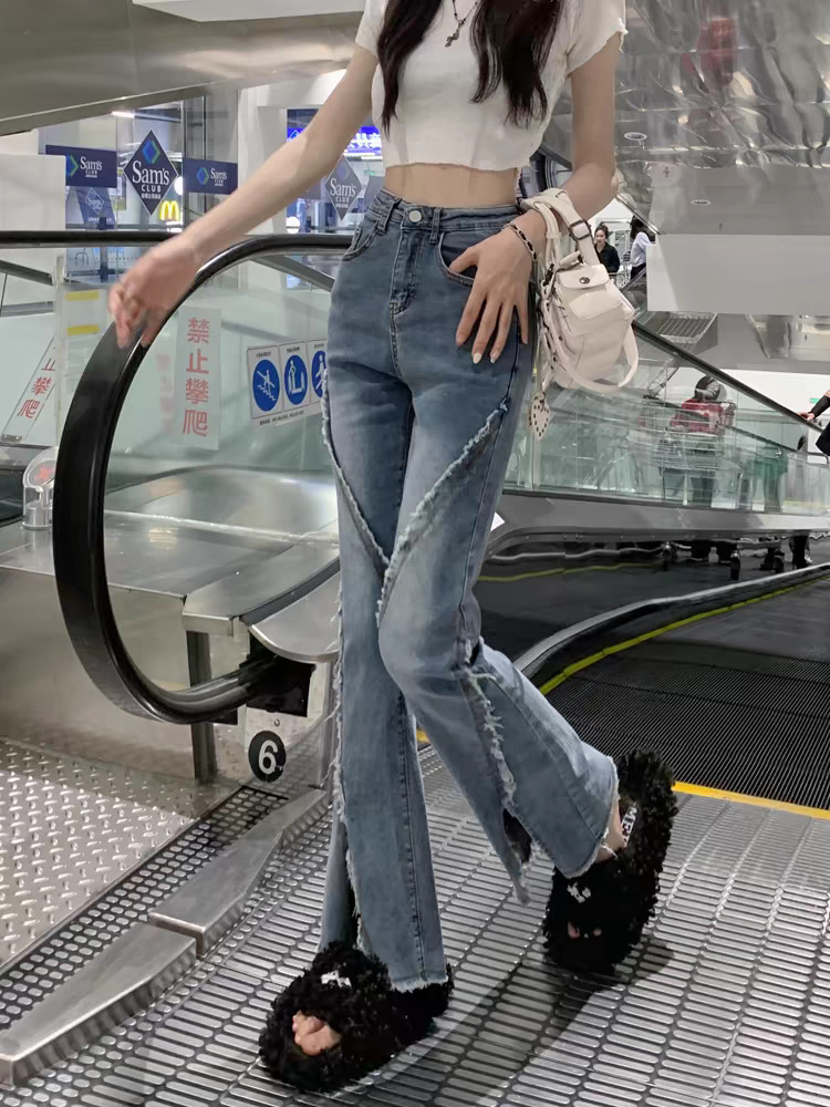 Blue stretch split jeans for women in spring and autumn, straight leg, slimming, plus size, fat, mm, high waist, slightly flared pear shaped figure pa