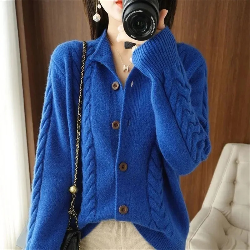 Half High Collar Twists Knitted Cardigan Autumn And Winter HighEnd Casual Loose Versatile Long Sleeved Base Sweater For Women 240712