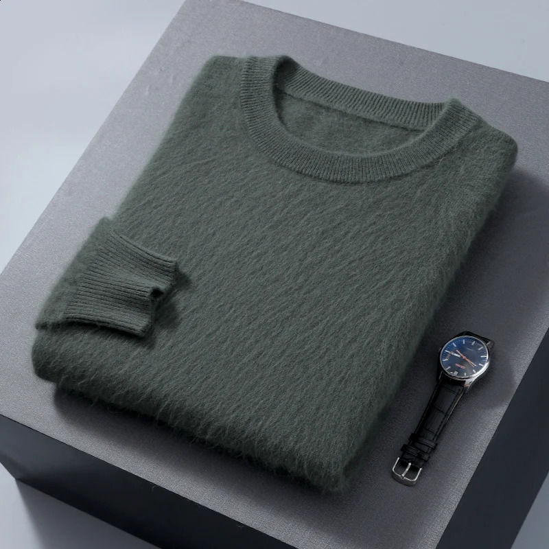 100% Pure Mink Cashmere Mens Sweater O-Neck Pullovers Knit Sweater Autumn and Winter Long Sleeve High-End Jumpers Mink Tops 240821
