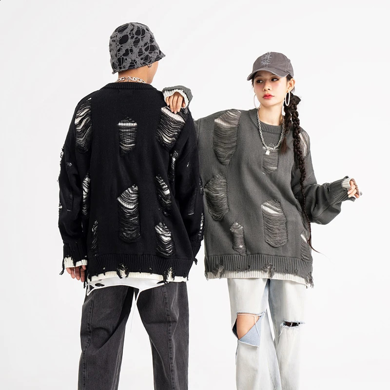 Ripped Oversize Baggy Sweater Grunge Men Women Gothic Dark Knitted Jumper Hip Hop Streetwear Pullover Loose Punk Holes Knitwear 240821