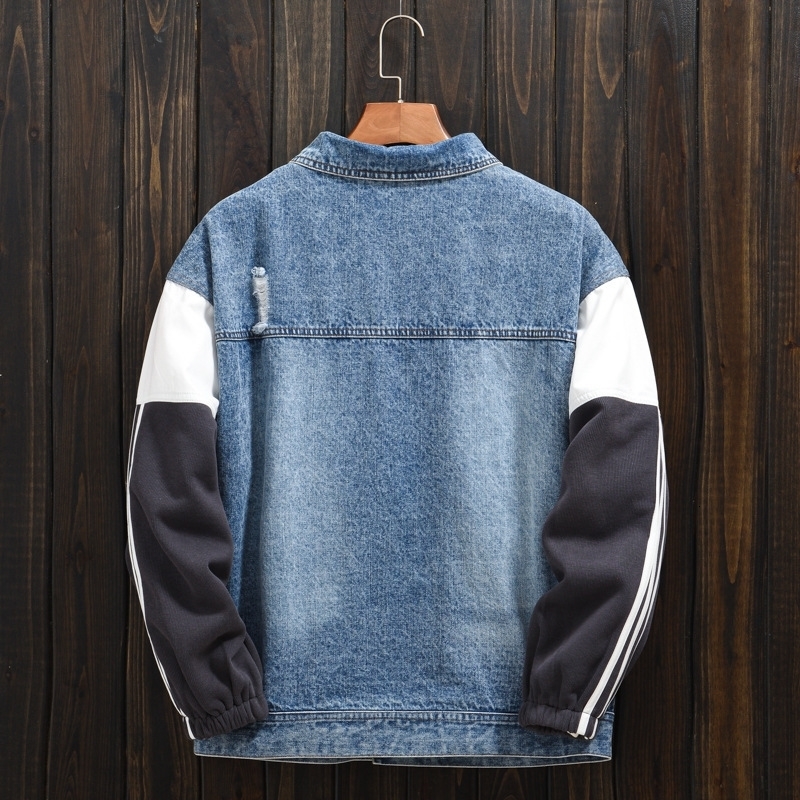ABOORUN striped patchwork denim jacket mens streetwear ripped hole jacket casual jacket mens240813