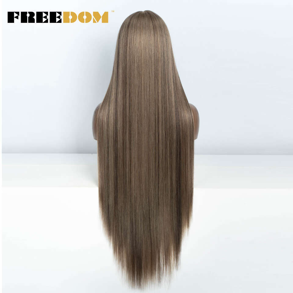 FREEDOM Straight Synthetic Front For Women 38 Inch Long Ombre Brown Red Blonde Hightlight Lace Frontal Wigs Cosplay Wig