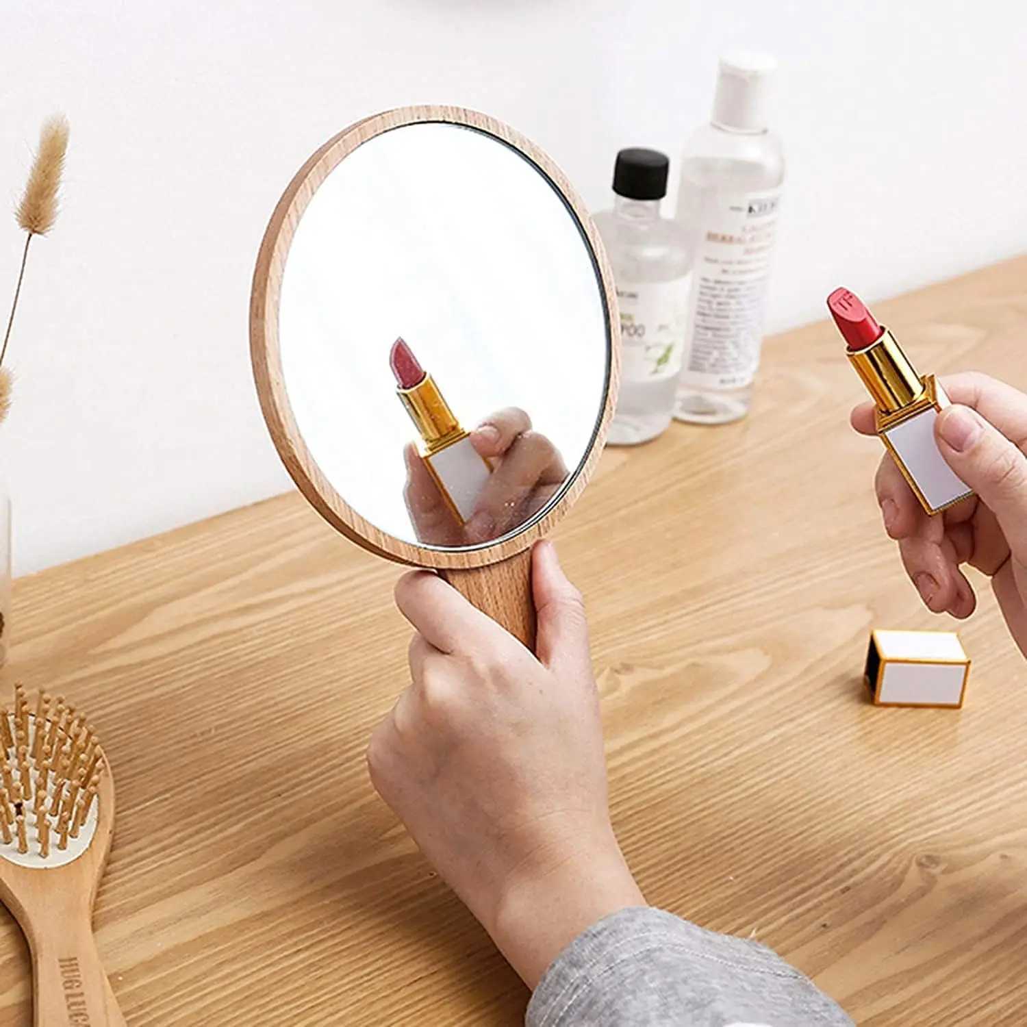 Natural Wood Handheld Mirror HD Frame Salon Hairdresser Flat Mirror Retro Style Beauty Salon Makeup Hand Mirror W240813