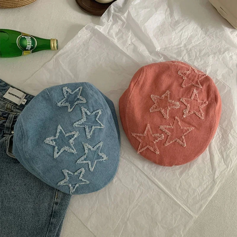 Y2k Personalized Star Washed Cotton Forward Hats for Men and Women Summer Fashion Versatile Street Sunscreen Trend Berets Cap 240805
