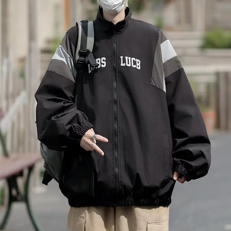 Spring and autumn mens retro patch work stand up collar jacket loose casual thin sports top fashion version baseball 240809