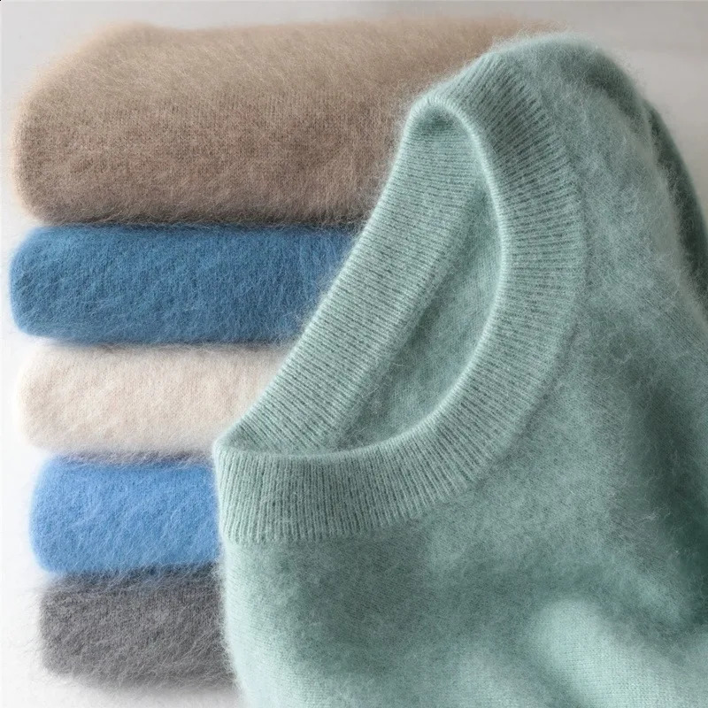 Mens 100% pure Mink Cashmere Sweater O-Neck Pullovers Knit Large Size Mink Sweater Winter Tops Long Sleeve High-End Jumpers 240821