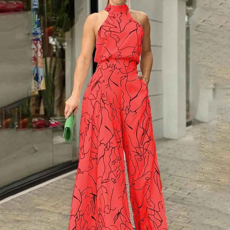 Halter Sleeveless Jumpsuit Slim Sexy Wide Leg Pants Office Ladys Casual Skirt Pants Summer Women Printed Multi-Color Elegant 240813
