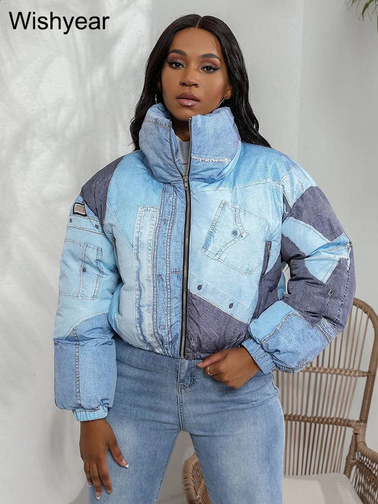 Fashion Winter Warm Stand Collar Long Sleeve Zipper Short Cotton Padded Jackets Women Club Tops Streetwear Printed Parkas Coats 240813