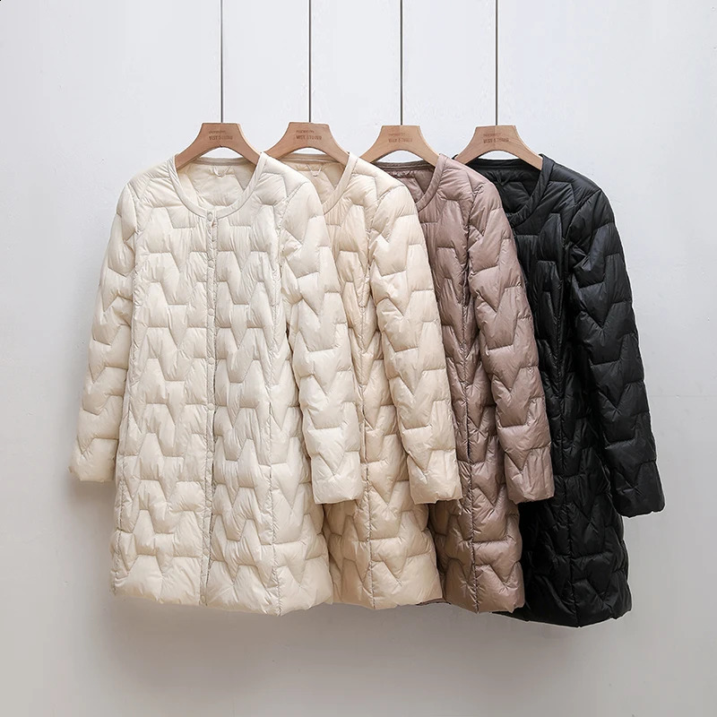 2024 Winter Women Down Coat Ultralight Collarless Duck Down Jacket Portable Female Padded Parkas O-Neck Long Puffer Overcoat 240813
