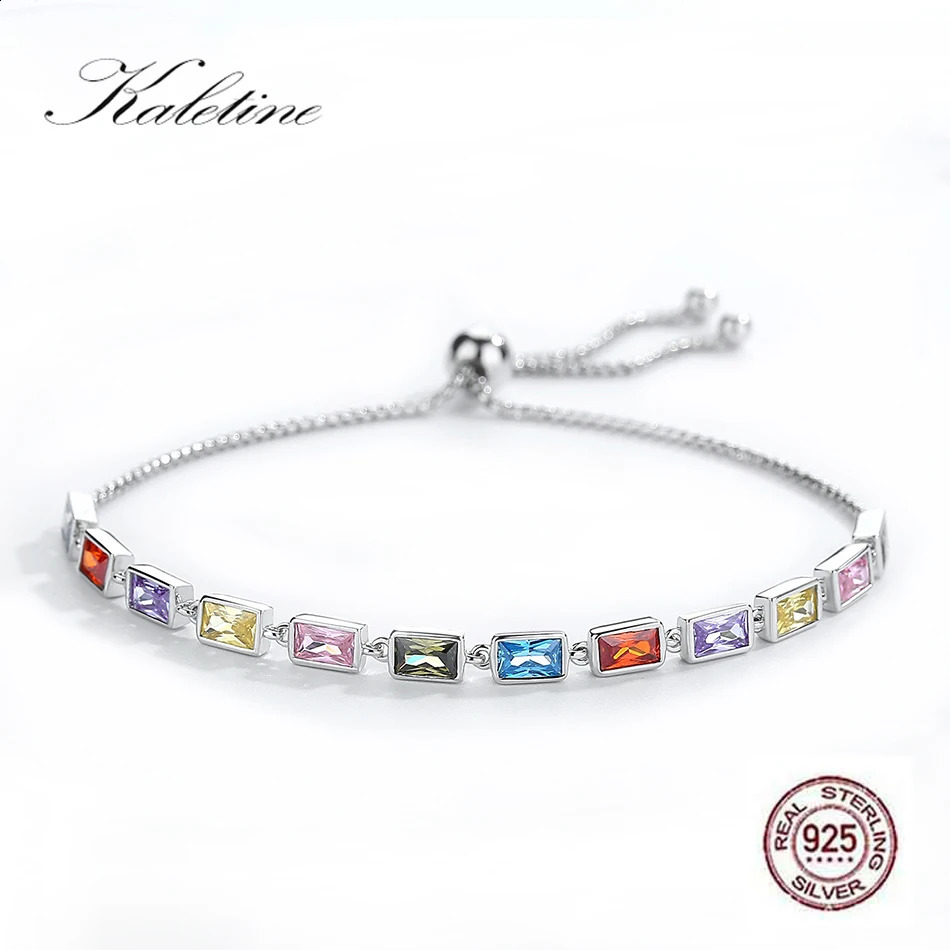 KALETINE 925 Sterling Silver Tennis Bracelets for Women Square Rainbow Stone CZ Charm Bracelet Adjustable Men Jewelry Bohemian 240813