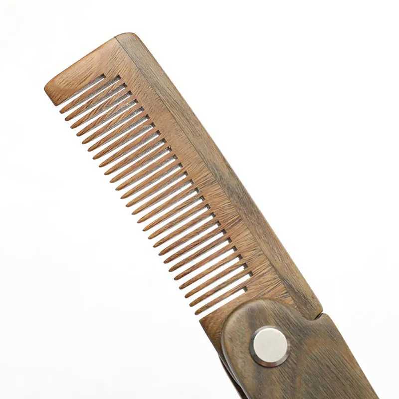 Folding wood beard comb mens natural sandalwood beard mustard hair comb salon hairdressing styling tools accessories W240813