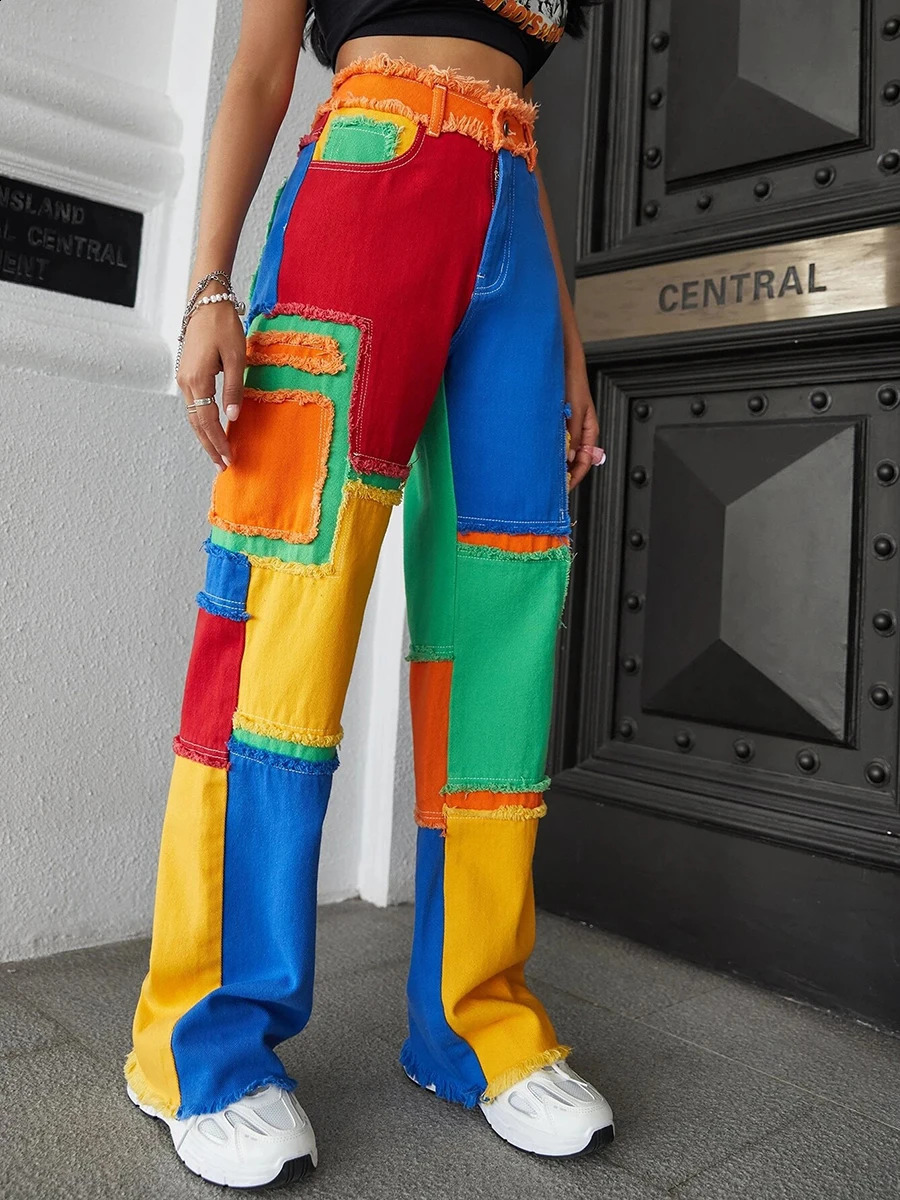 REDDACHiC Stitch Rainbow Color Block Baggy Jeans Women 90s Retro Frayed High Waist Y2k Trousers Holiday Casual Wide Leg Pants 240813
