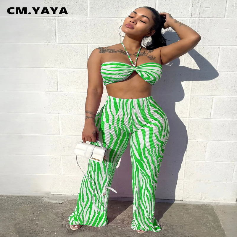 CM.YAYA Zebra Printed Pleated Womens Set Crop Top and Wide Leg Pants Suit Summer Fashion Two 2 Piece Set Outfits Tracksuit 240813