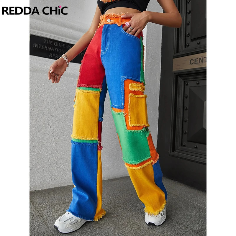 REDDACHiC Stitch Rainbow Color Block Baggy Jeans Women 90s Retro Frayed High Waist Y2k Trousers Holiday Casual Wide Leg Pants 240813