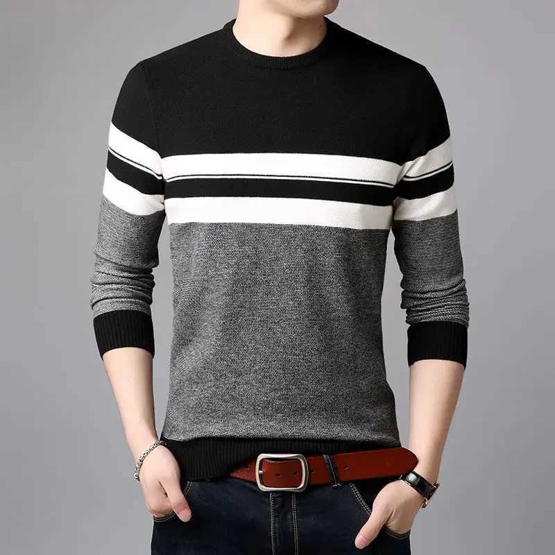 New autumn and winter Korean casual round neck sweater with solid stripes stitched thread pattern long sleeved knitted topW240729