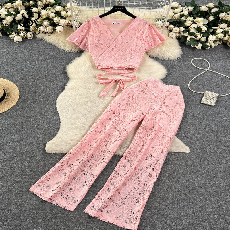 SINGREINY High Street Women Lace Slim Two Pieces Suits Summer Lace Up Short TopWide Legs Long Pants Set Retro Lace Floral Sets 240813