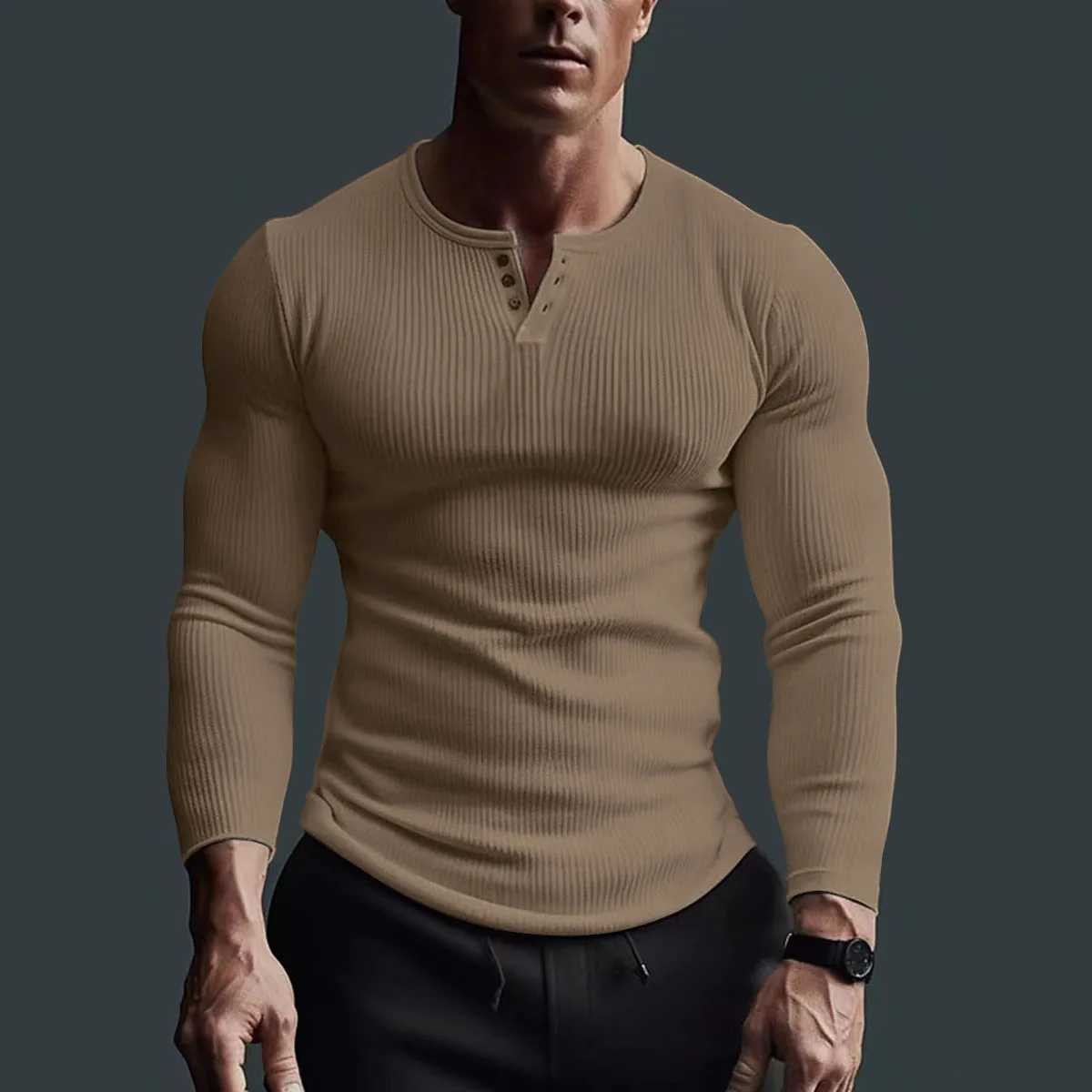 2024 New Long Sleeve polyester T-shirt Mens Breathable Thin Fabric Casual T-shirt Spring autum Henry-Neck Basic Tee Tops ManM240814