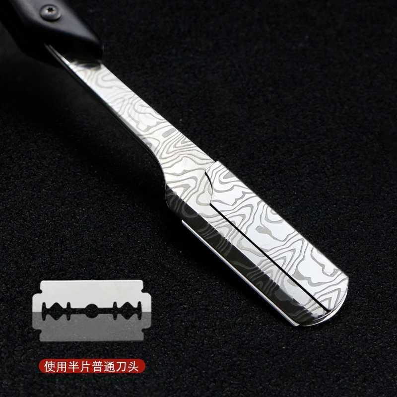 Barber Damascus Pattern Folding Razor Ebony Handle Manual Shaver Straight Edge Stainless Steel Razor Beard Cutter Holder G0104M240814