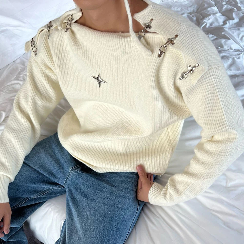 Mens autumn and winter metal shoulder strap Y2k shoulder knit spun hollow lazy style loose mens sweater 240829