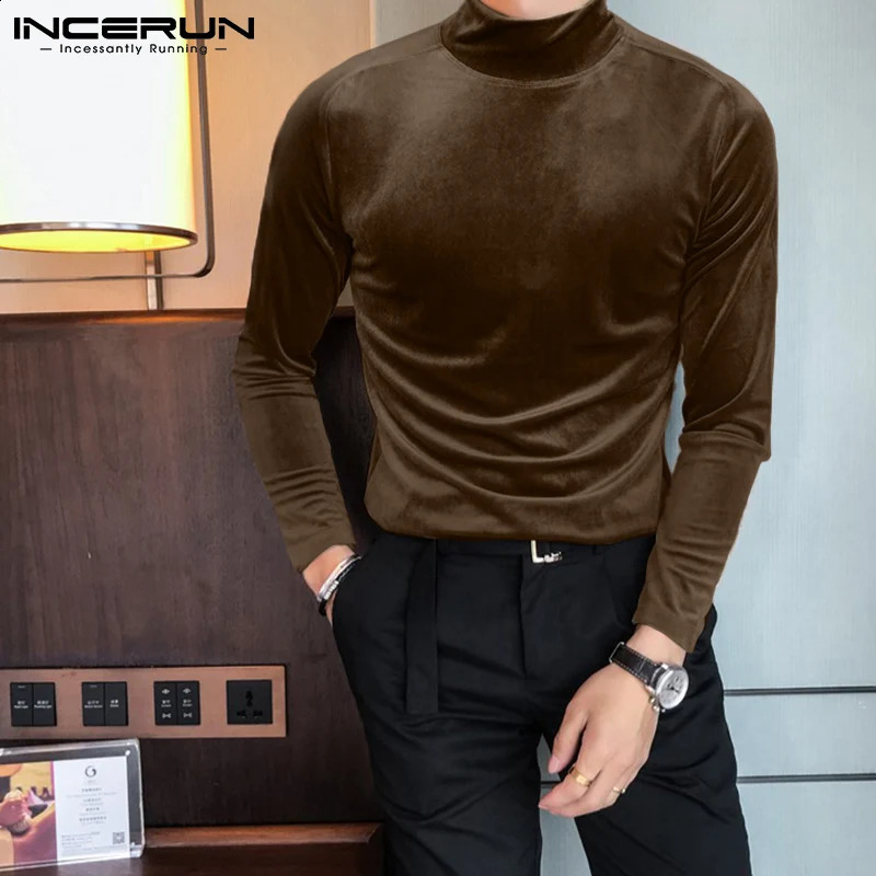 INCERUN 2024 Men T Shirt Velour Turtleneck Long Sleeve Leisure Undershirt Solid Color Streetwear Fashion Casual Tee Tops S-5XL 240814