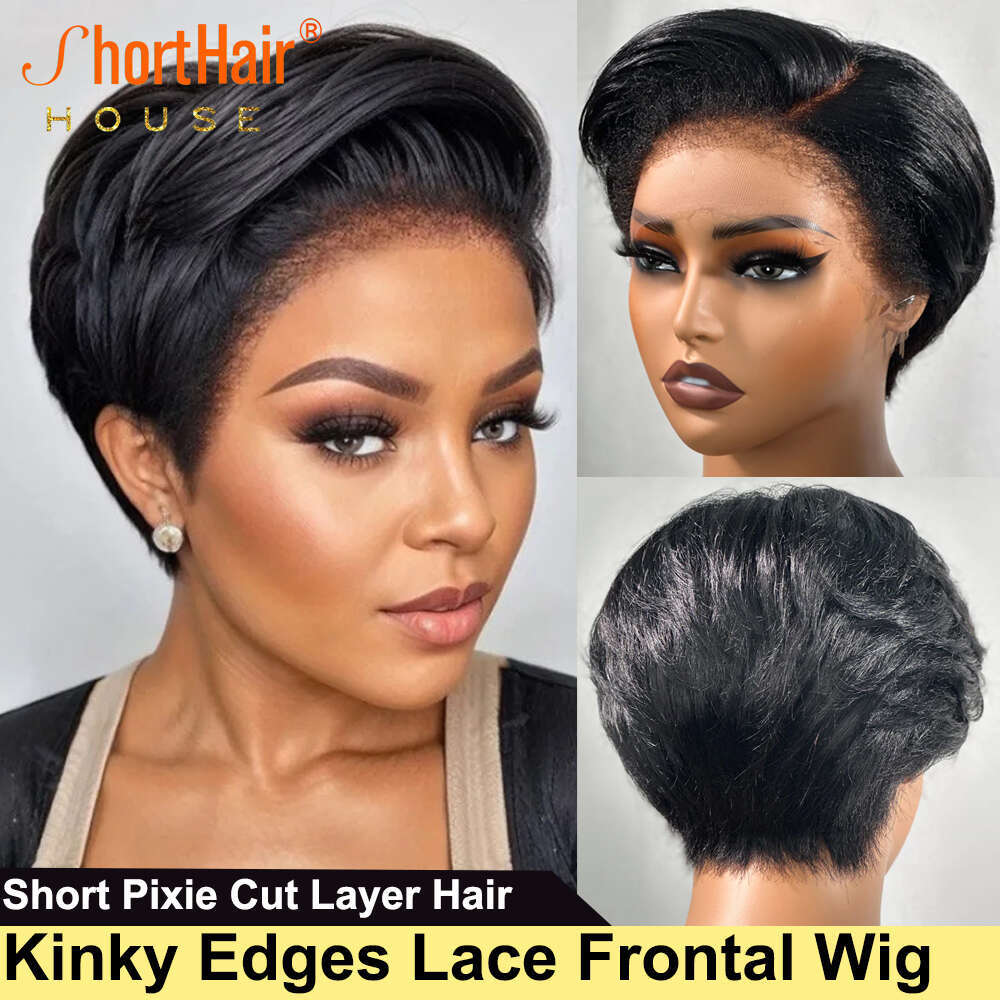 Kinky Edges Pixie Cut Wigs Human Straight Bob Curly Baby Hair 13X4 Transparent Lace Front Wig For Black Women