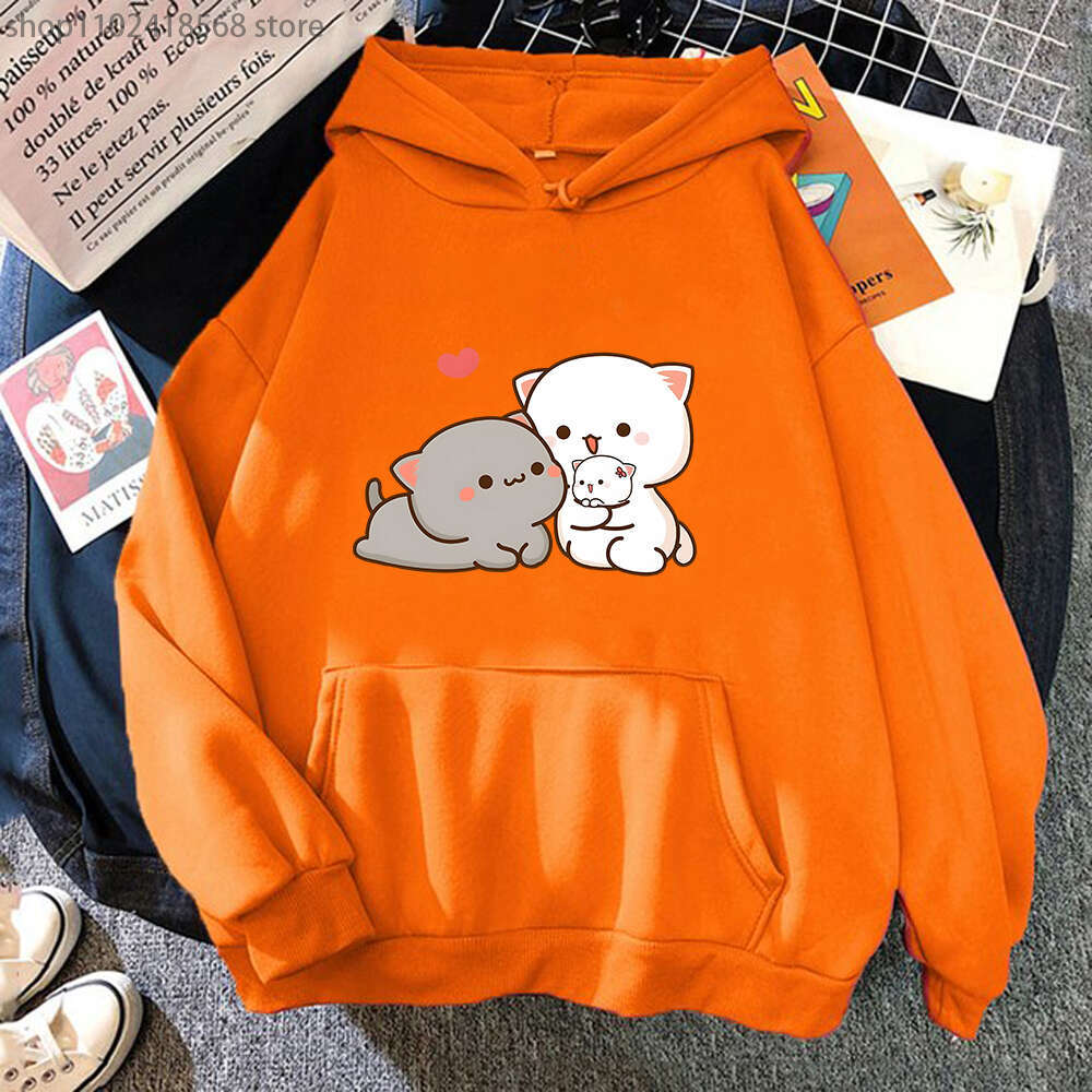 Peach Women Cat Hoodies Funny Mochi Plus Size Sweatshirt Haruku Kawaii Cartoon Female Long Sleeve Streetwear Clothes Tops