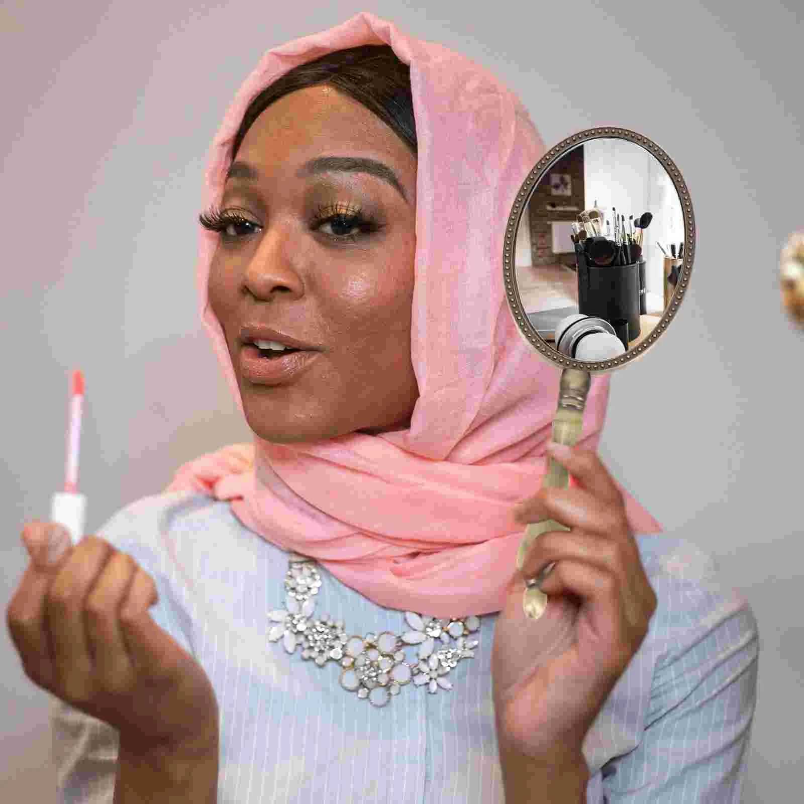 Mirror with handle beauty and makeup mirror women holding travel retro metal wood W240813