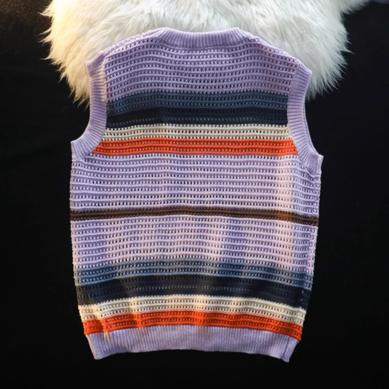 Sweater Vest Men O-neck Harajuku Y2k Clothes Striped Panelled Hollow Out Knitwear Unisex All-match Streetwear Summer Teens 240814