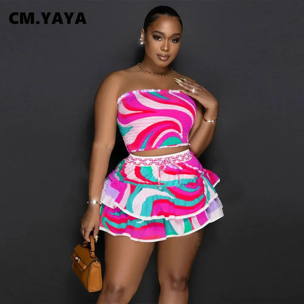 CM.YAYA Tie Dye Women Set Bowknot Back Strapless Crop Top and Cascading Ruffles Mini Skirt Chic Two 2 Piece Set Outfits 240810