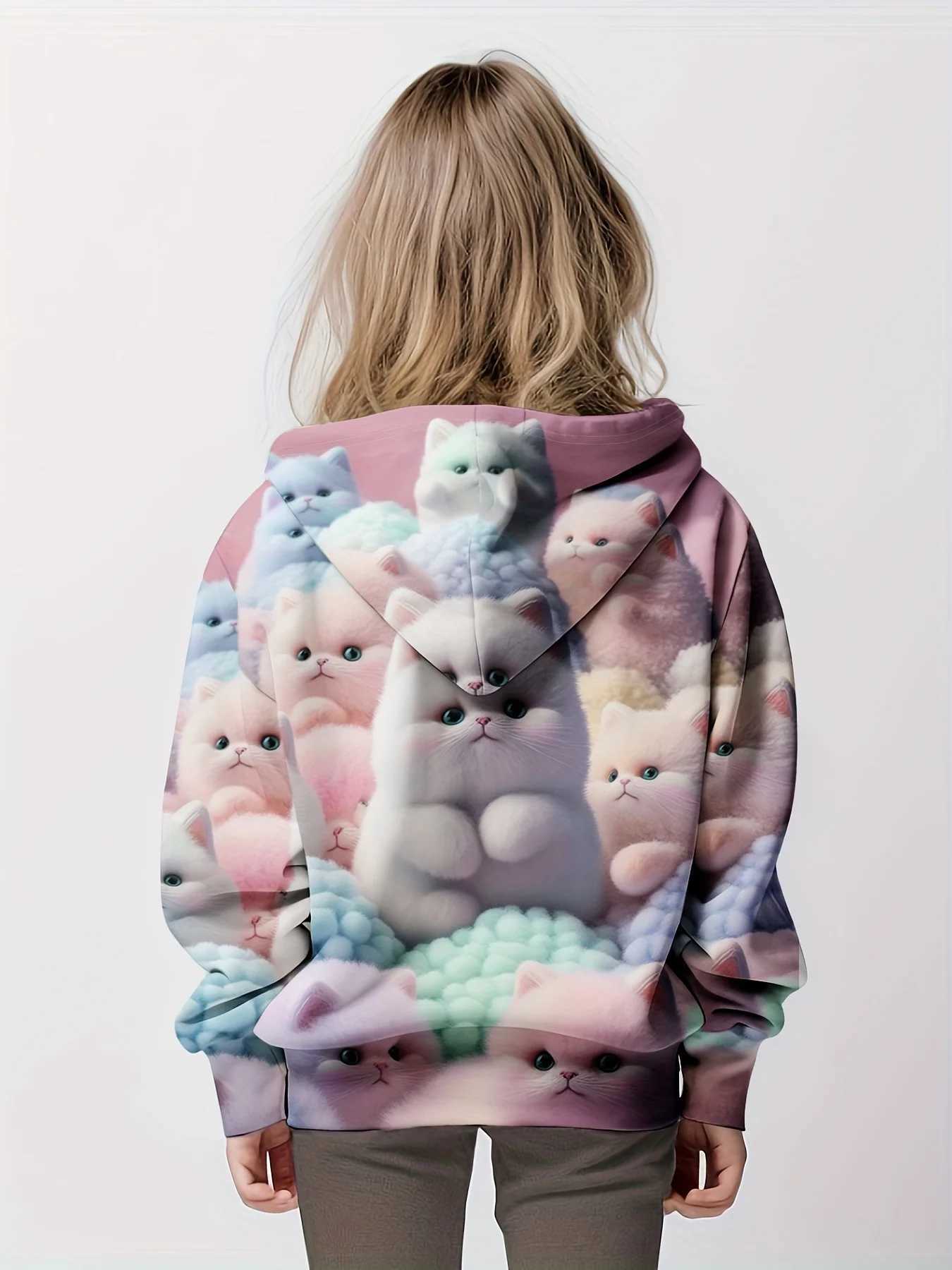 New Adorable Kittens Pattern Print Girls Hoodies Pullover Long Sleeve Trendy Cute Hooded Sweatshirt Tops Kids Clothing GiftsY240814