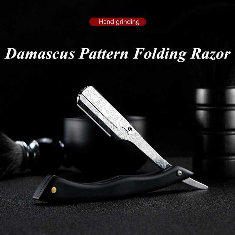 Barber Damascus Pattern Folding Razor Ebony Handle Manual Shaver Straight Edge Stainless Steel Razor Beard Cutter Holder G0104M240814