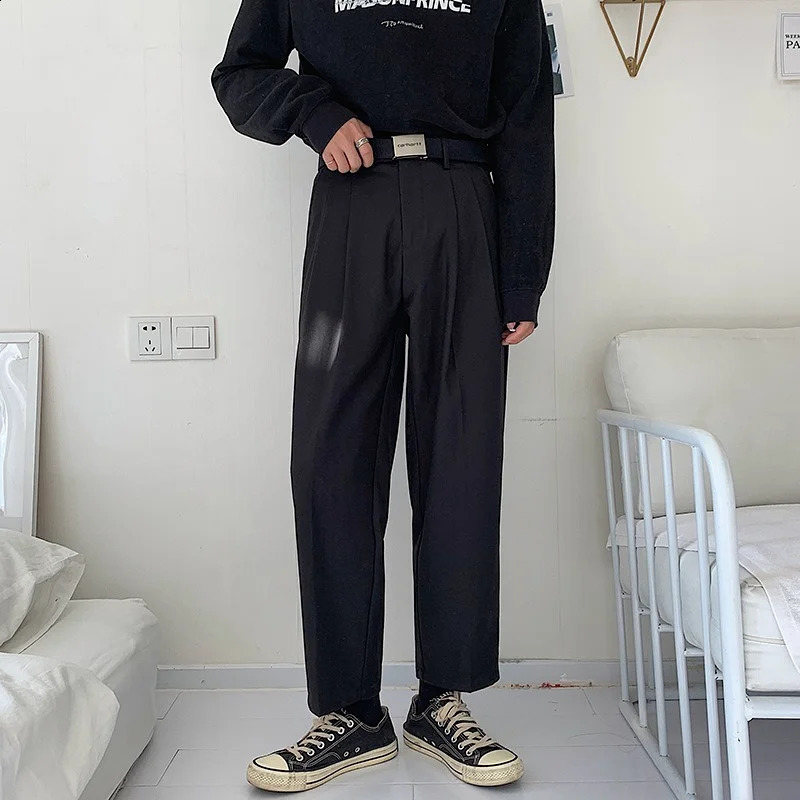 Black Ankle-length Casual Pants Mens Clothing Solid All-match Fashion Harajuku Streetwear Loose Chic Straight Mid-waist Daily 240814