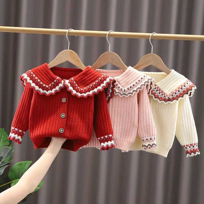 Girls knitted cardigan wool sweater 2023 autumn and winter new childrens clothing childrens sweater doll collar jacket W240813