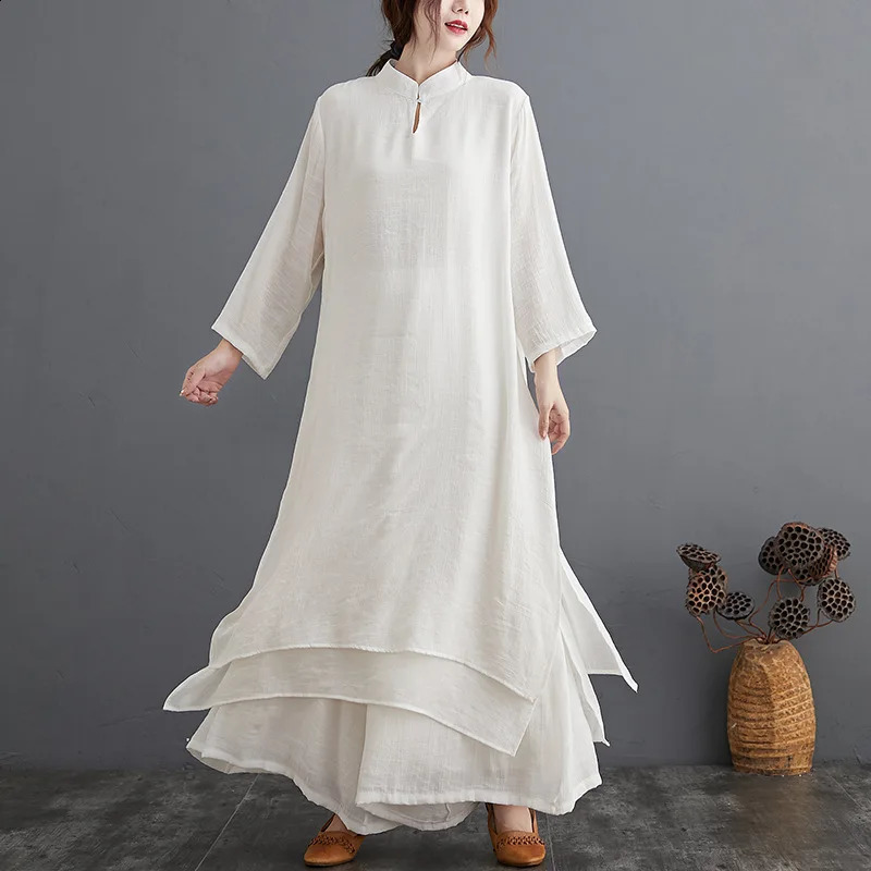Johnature Spring 2024 Women Two Piece Set LongTop And Pants Chinen Style O-neck Elastic Waist Wide Leg Pants Sets 240813