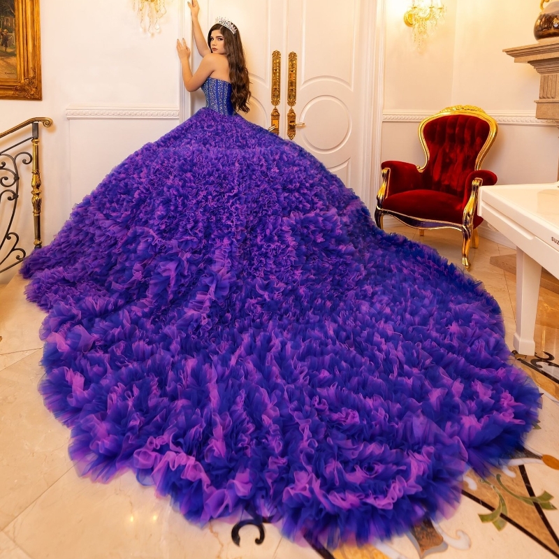 Purple Princess Quinceanera Dresses Ball Gown Beads Crystals Tull Tiered Ruffles Birthday Party Sweet 16 Dress Vestidos De 15 Anos