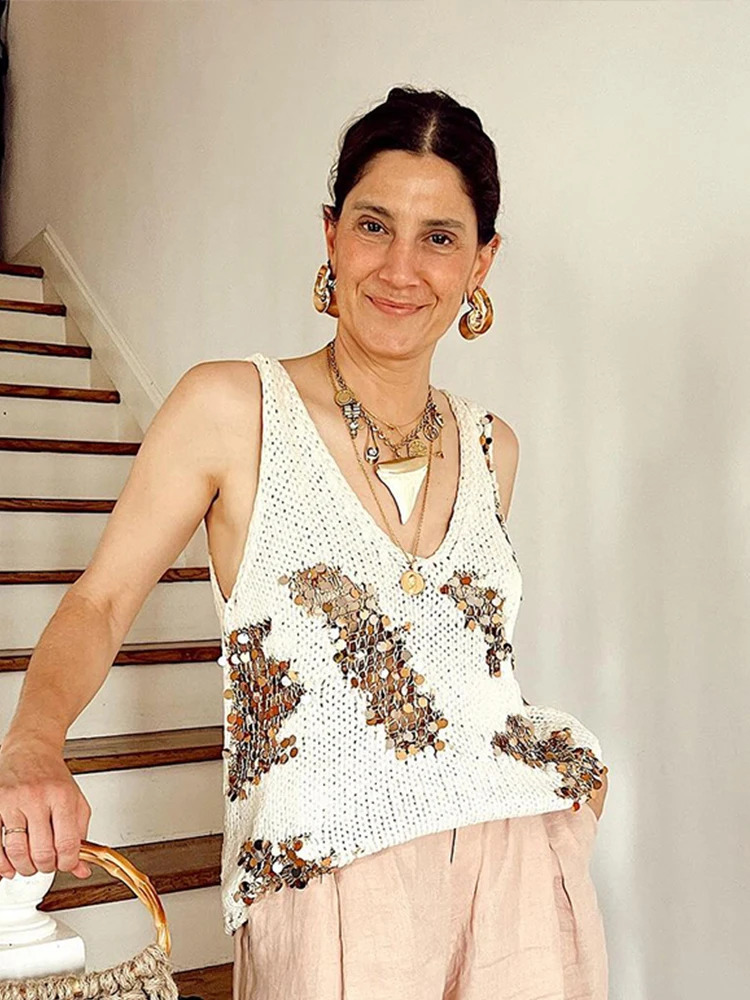 Casual Sequin V-neck Vest Women Knitted Sleeveless Shinny Loose Holiday Tank Female Summer Autumn All-match Street Vest 240814