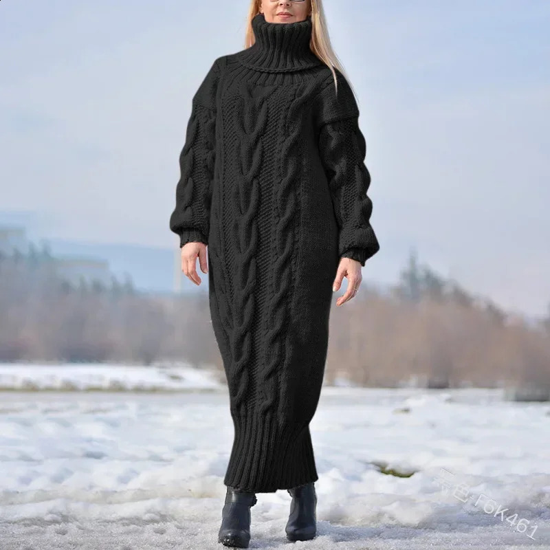 2024 Autumn Winter Solid Color Turtleneck Pullover Twisted Loose Knitted Sweater Long Dress Sweater for Women 240813